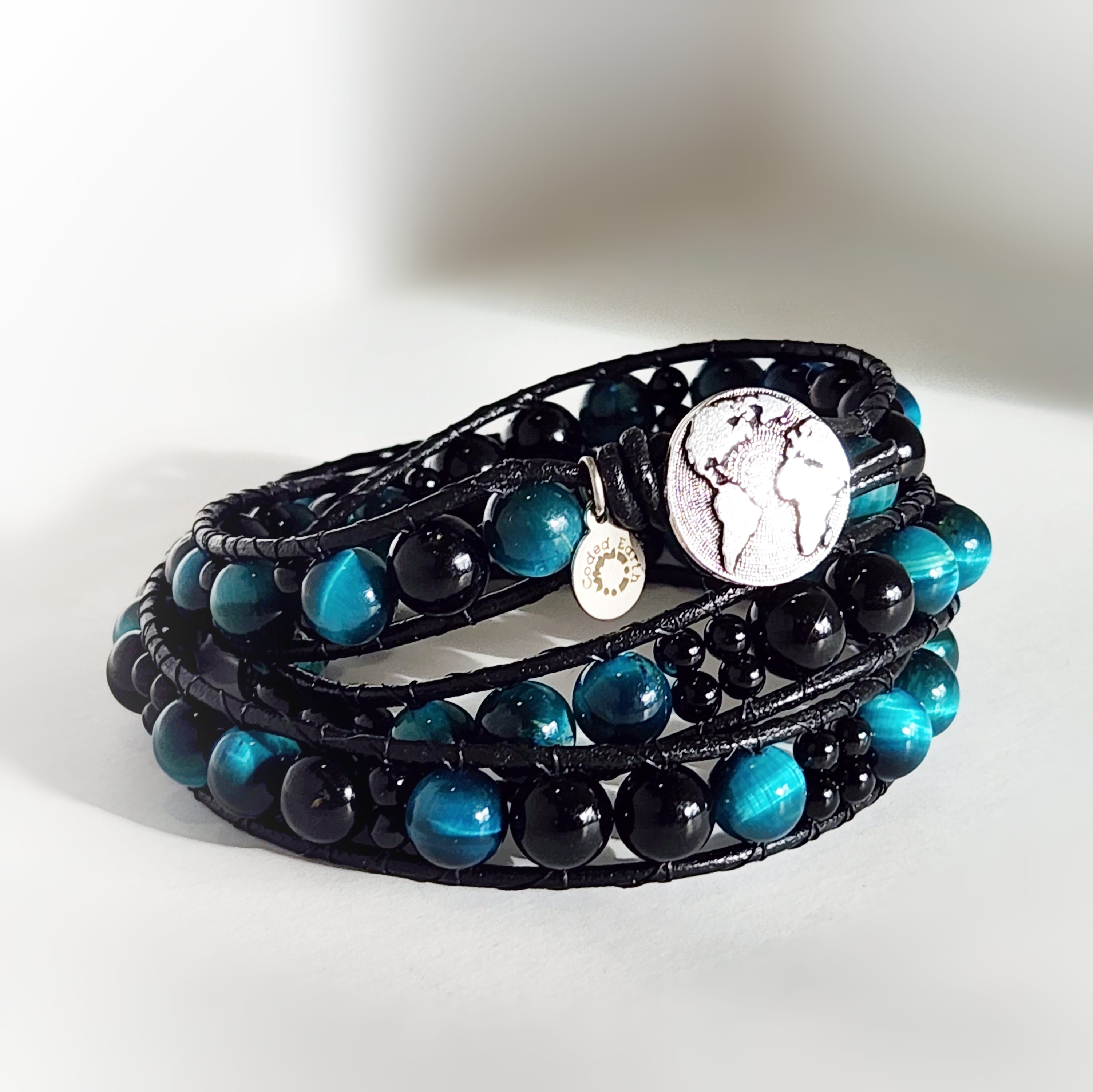 Azure Tiger's Eye & Tourmaline Leather Wrap Bracelet - NovaSmartLinks