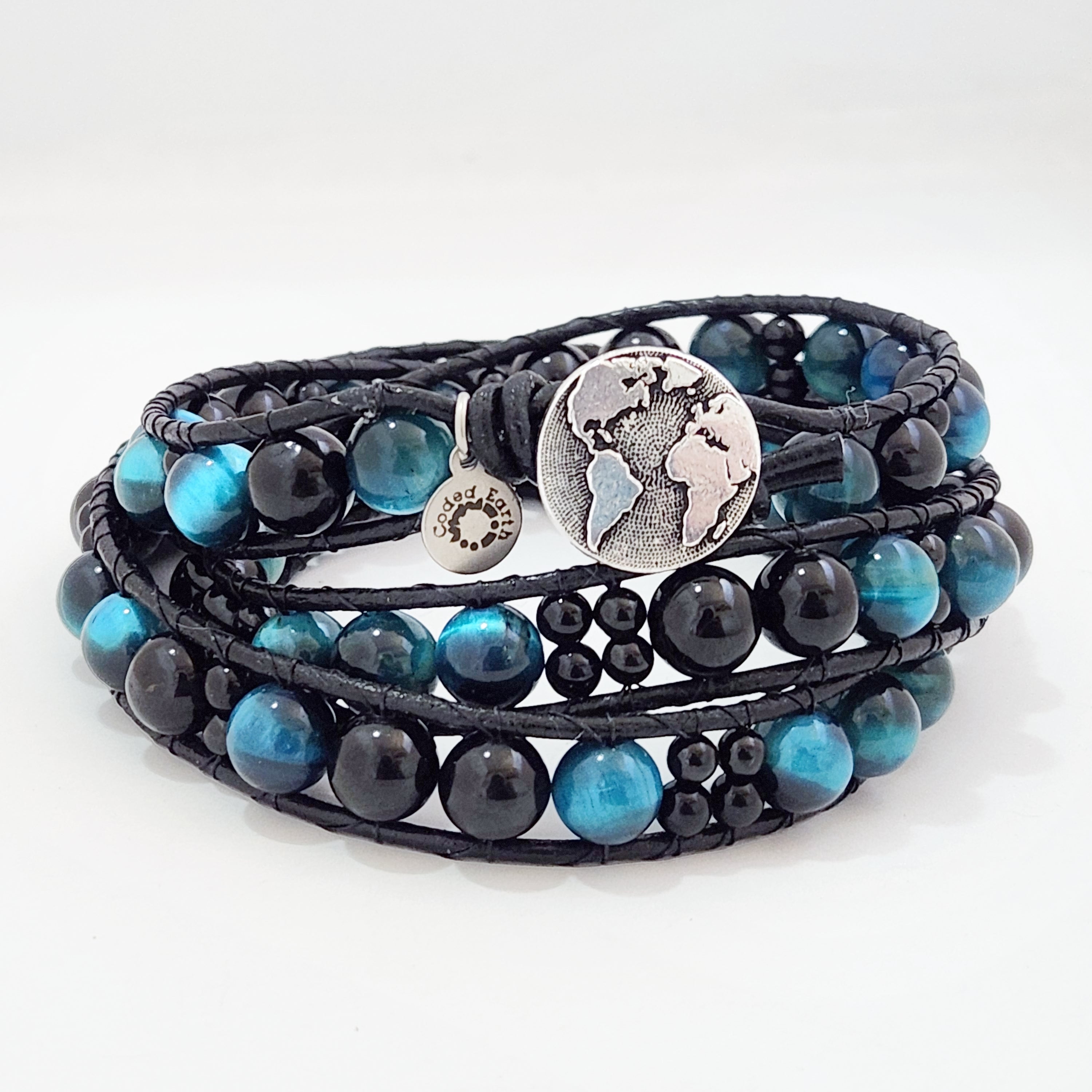 Azure Tiger's Eye & Tourmaline Leather Wrap Bracelet - NovaSmartLinks