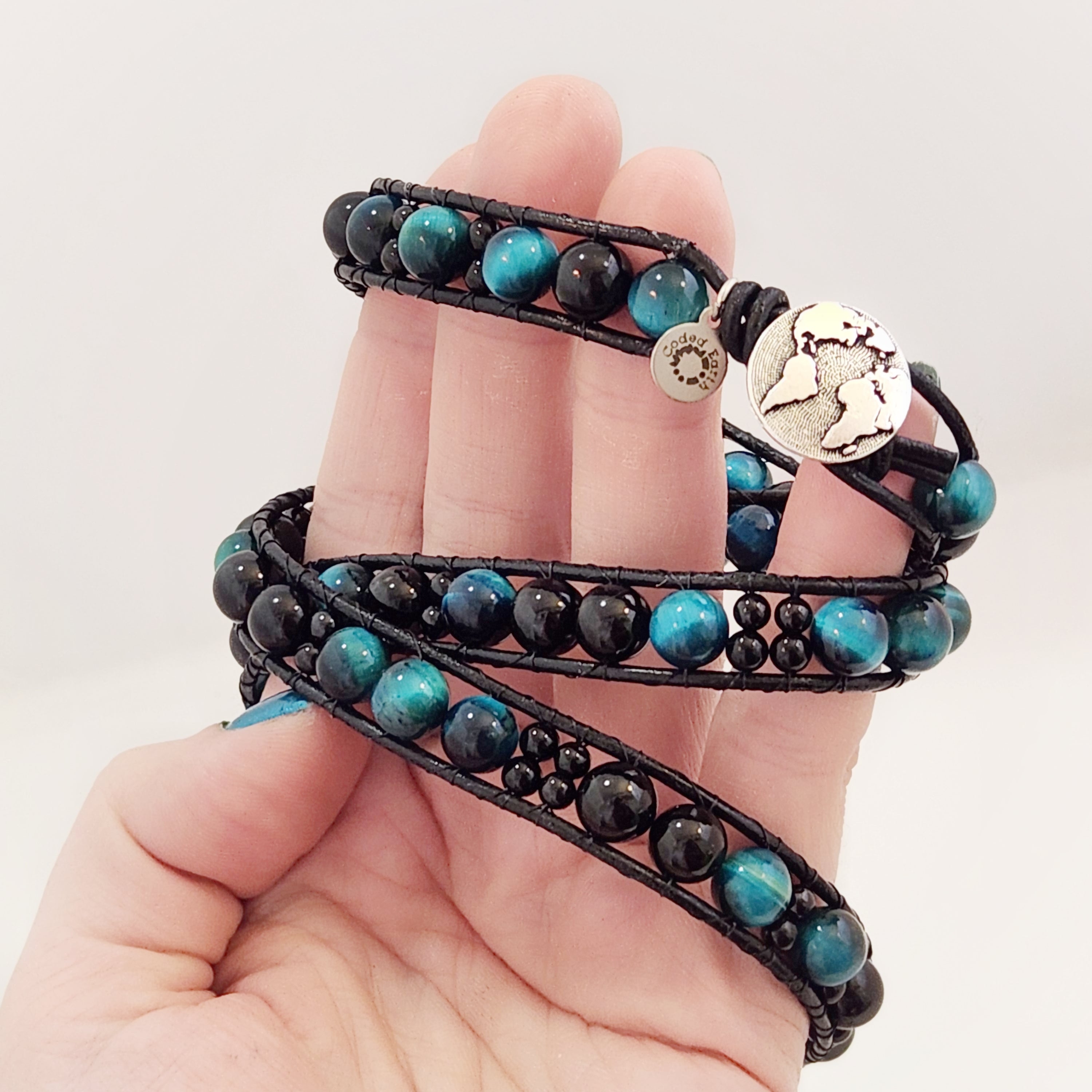 Azure Tiger's Eye & Tourmaline Leather Wrap Bracelet - NovaSmartLinks