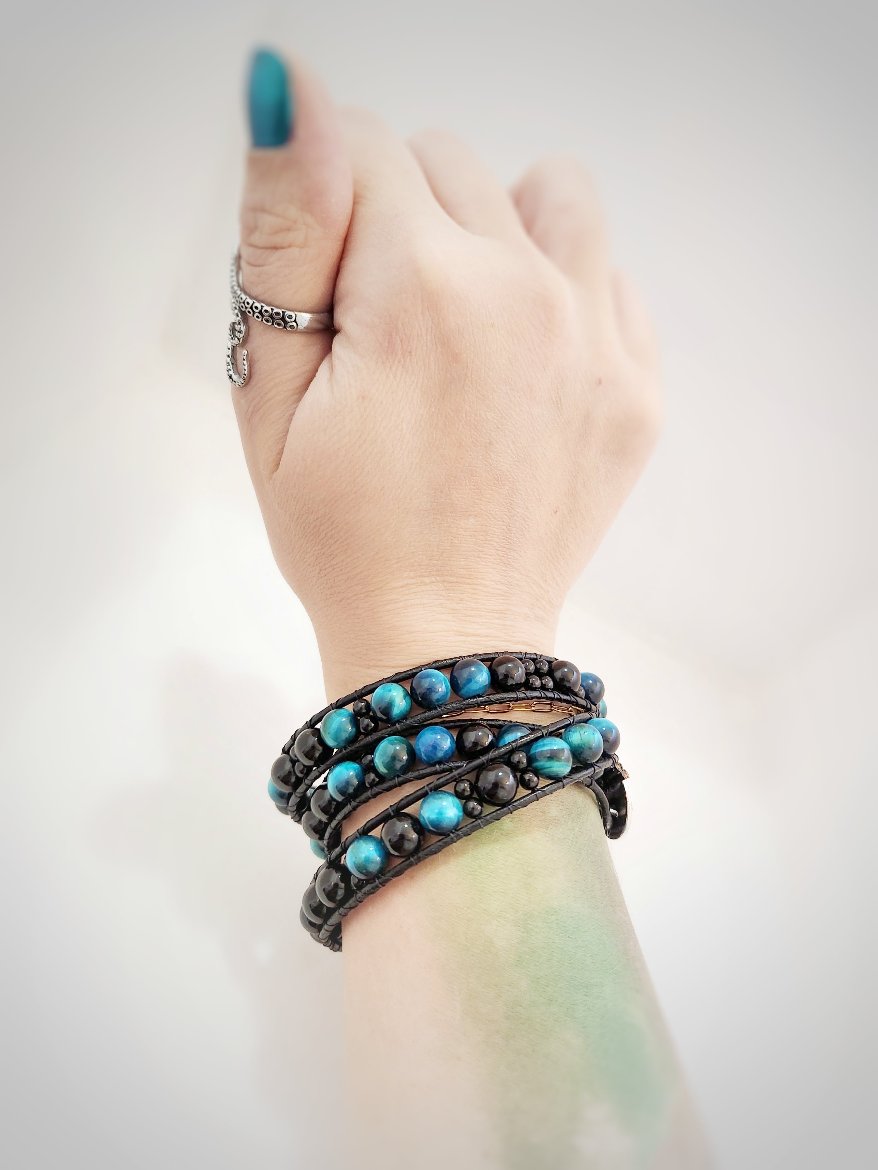 Azure Tiger's Eye & Tourmaline Leather Wrap Bracelet - NovaSmartLinks