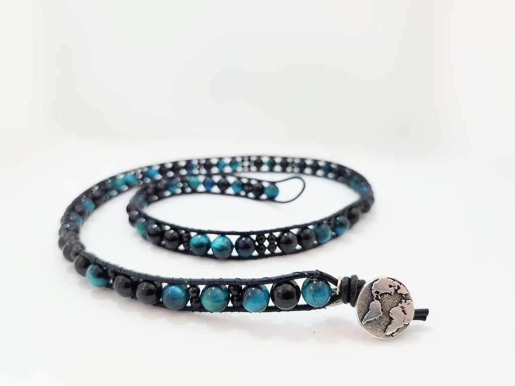 Azure Tiger's Eye & Tourmaline Leather Wrap Bracelet - NovaSmartLinks