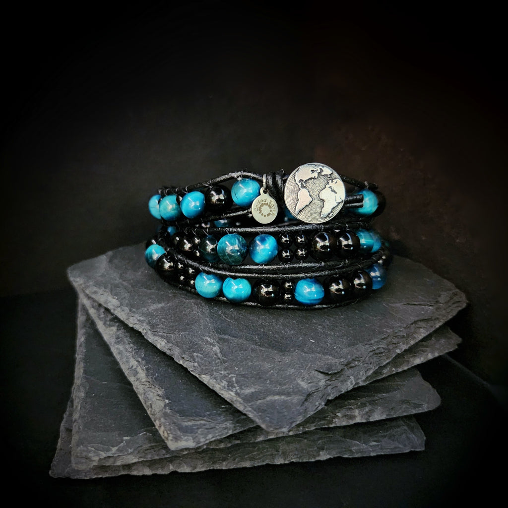 Azure Tiger's Eye & Tourmaline Leather Wrap Bracelet - NovaSmartLinks