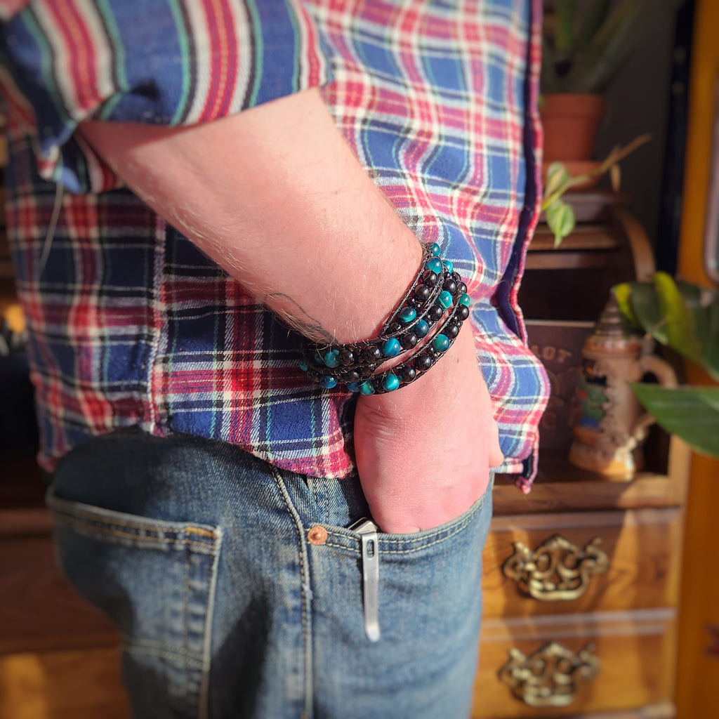 Azure Tiger's Eye & Tourmaline Leather Wrap Bracelet - NovaSmartLinks