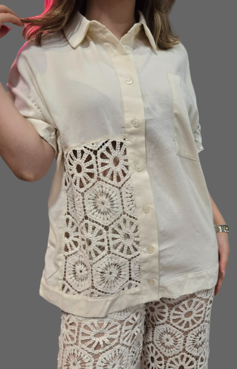 Cream Crochet Lined Over Shirt