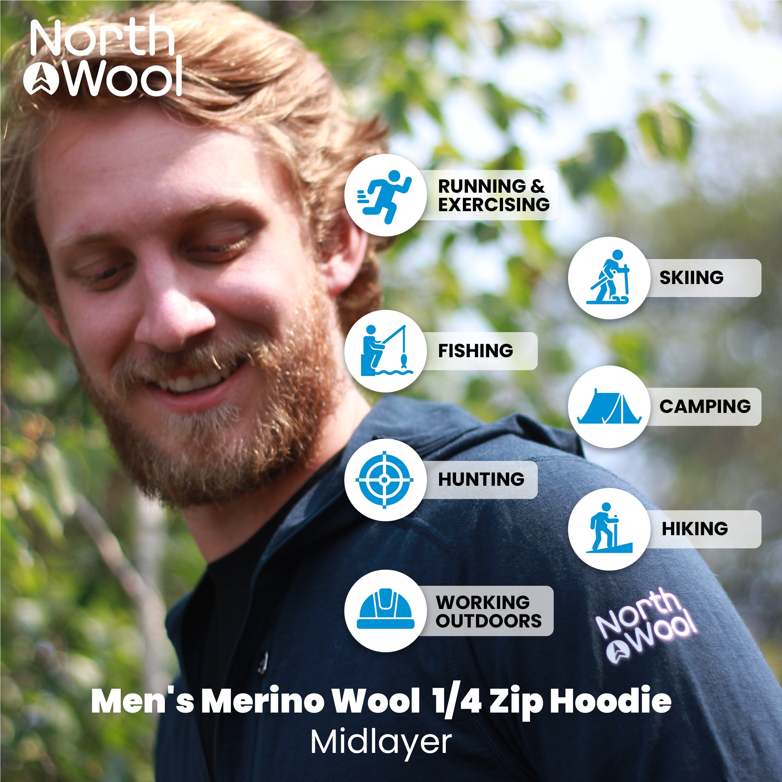 NorthWool Men's Merino Wool 1/4 Zip Midlayer Hoodie with Pouch and Pocket 260 GSM - NovaSmartLinks