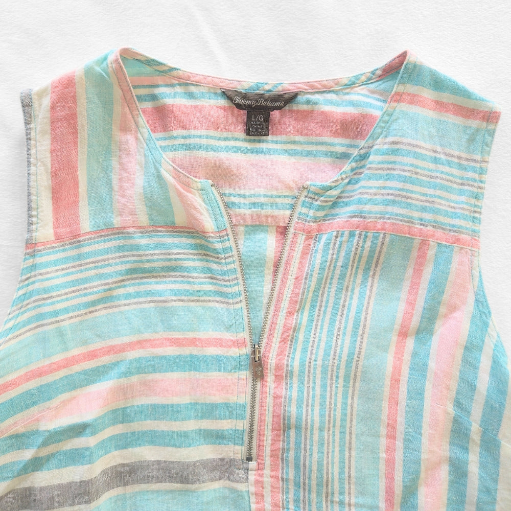 Tommy Bahama Women's Kohala Stripe 1/4 Zip Linen Tank Top Blouse [L] - NovaSmartLinks