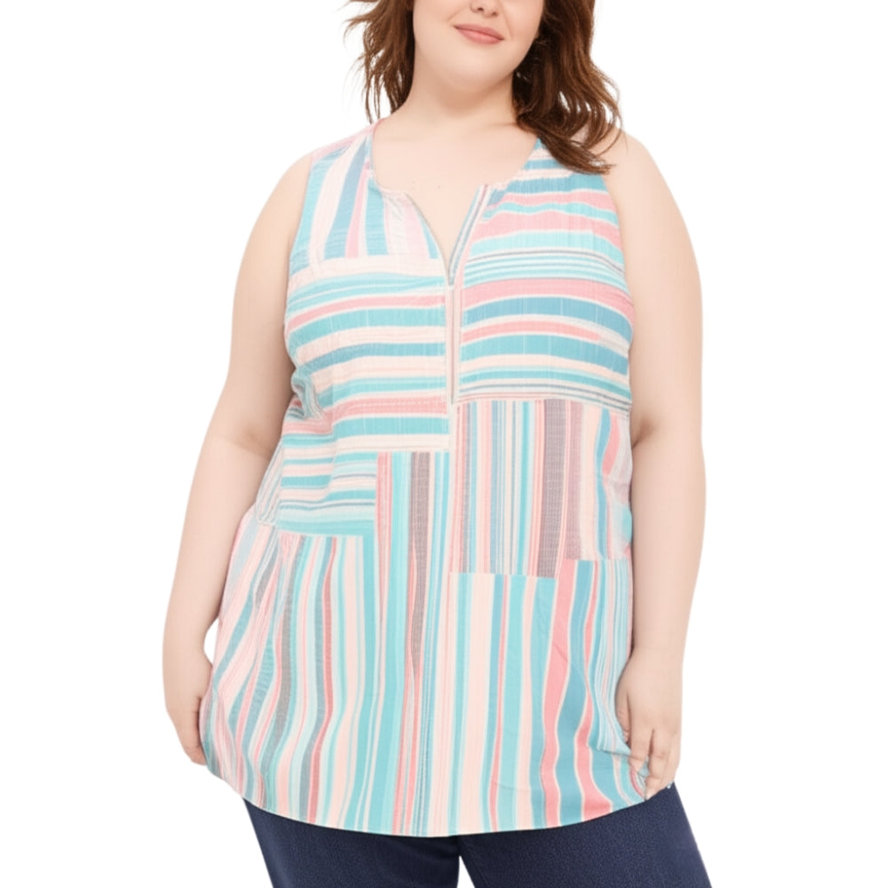 Tommy Bahama Women's Kohala Stripe 1/4 Zip Linen Tank Top Blouse [L] - NovaSmartLinks
