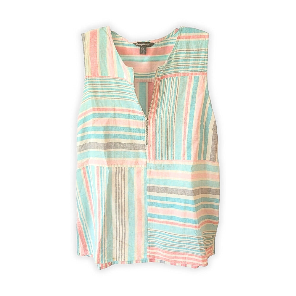 Tommy Bahama Women's Kohala Stripe 1/4 Zip Linen Tank Top Blouse [L] - NovaSmartLinks