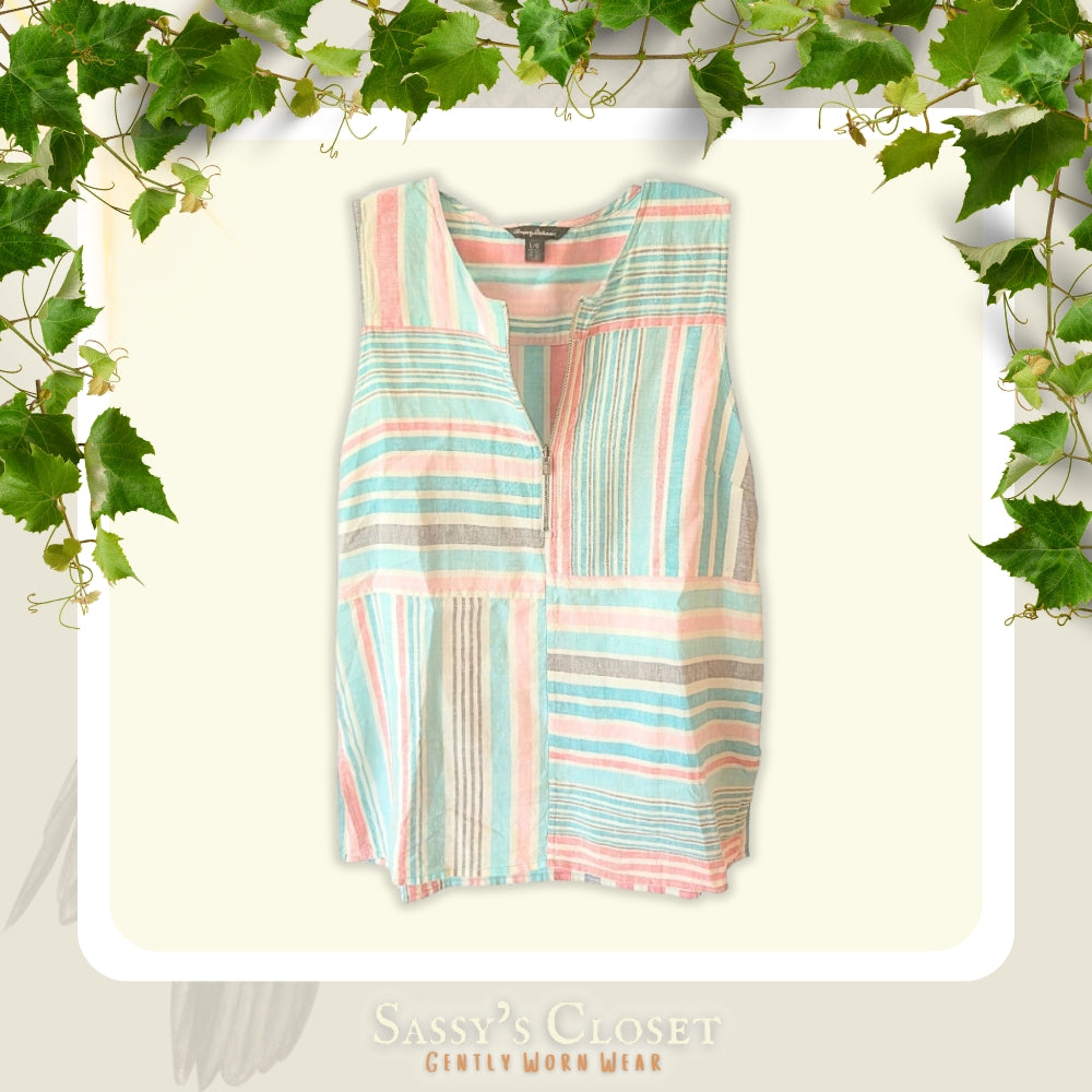 Tommy Bahama Women's Kohala Stripe 1/4 Zip Linen Tank Top Blouse [L] - NovaSmartLinks