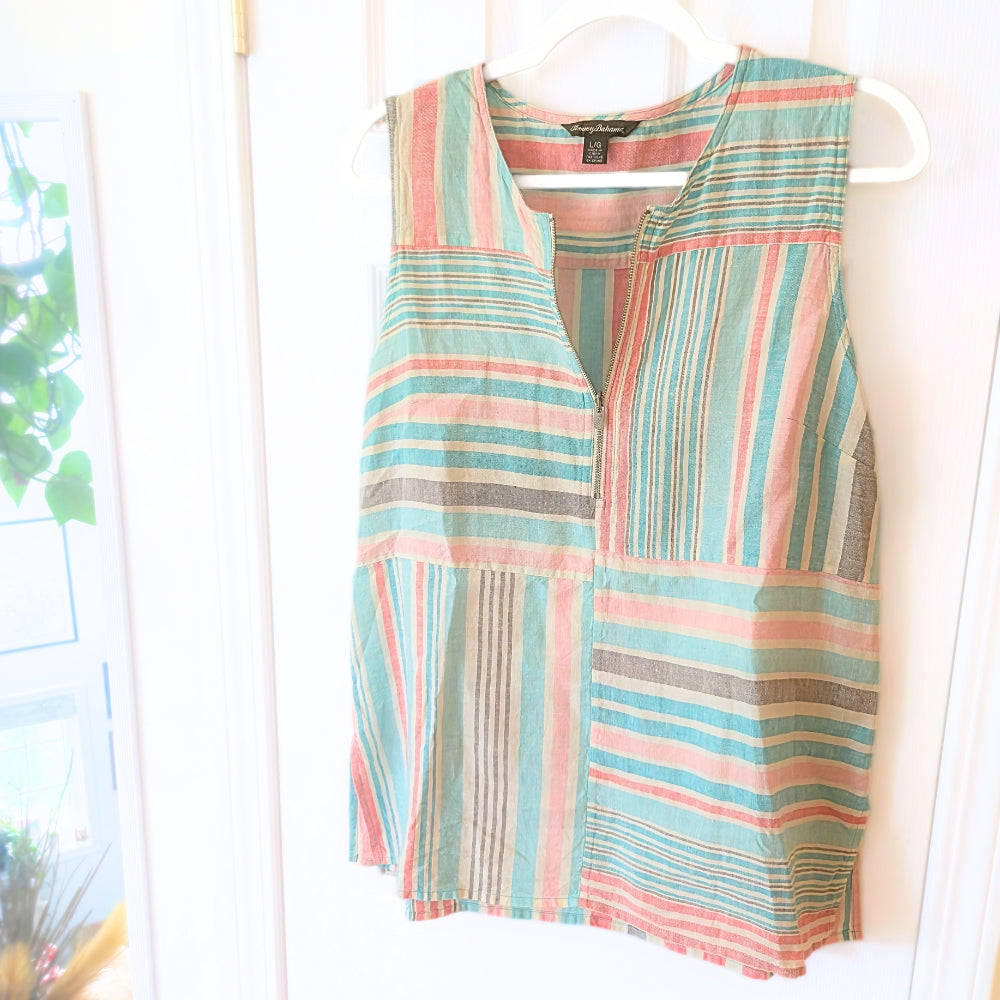 Tommy Bahama Women's Kohala Stripe 1/4 Zip Linen Tank Top Blouse [L] - NovaSmartLinks