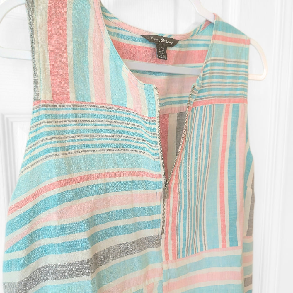 Tommy Bahama Women's Kohala Stripe 1/4 Zip Linen Tank Top Blouse [L] - NovaSmartLinks