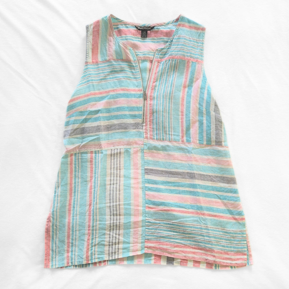 Tommy Bahama Women's Kohala Stripe 1/4 Zip Linen Tank Top Blouse [L] - NovaSmartLinks