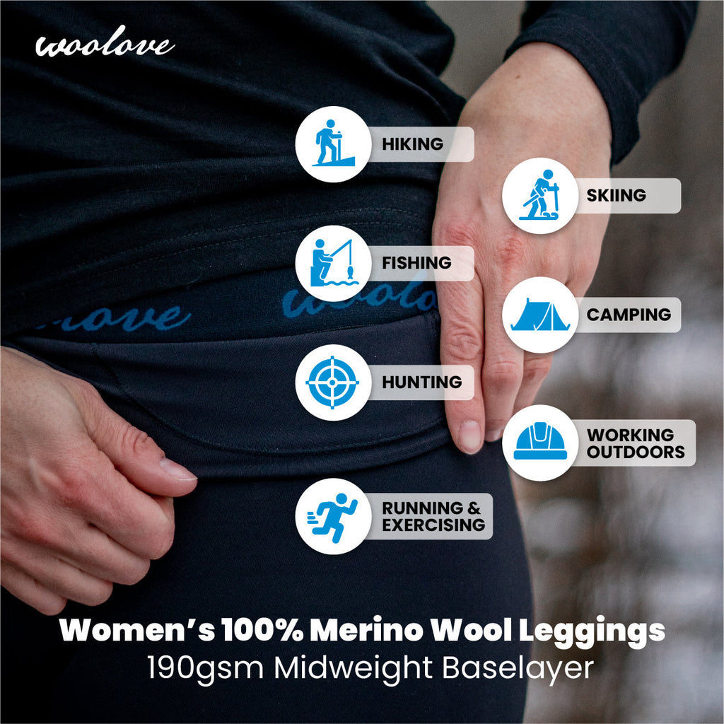 Women's 100% Merino Wool Long Underwear Base Layer Leggings 190 GSM - Midweight - NovaSmartLinks