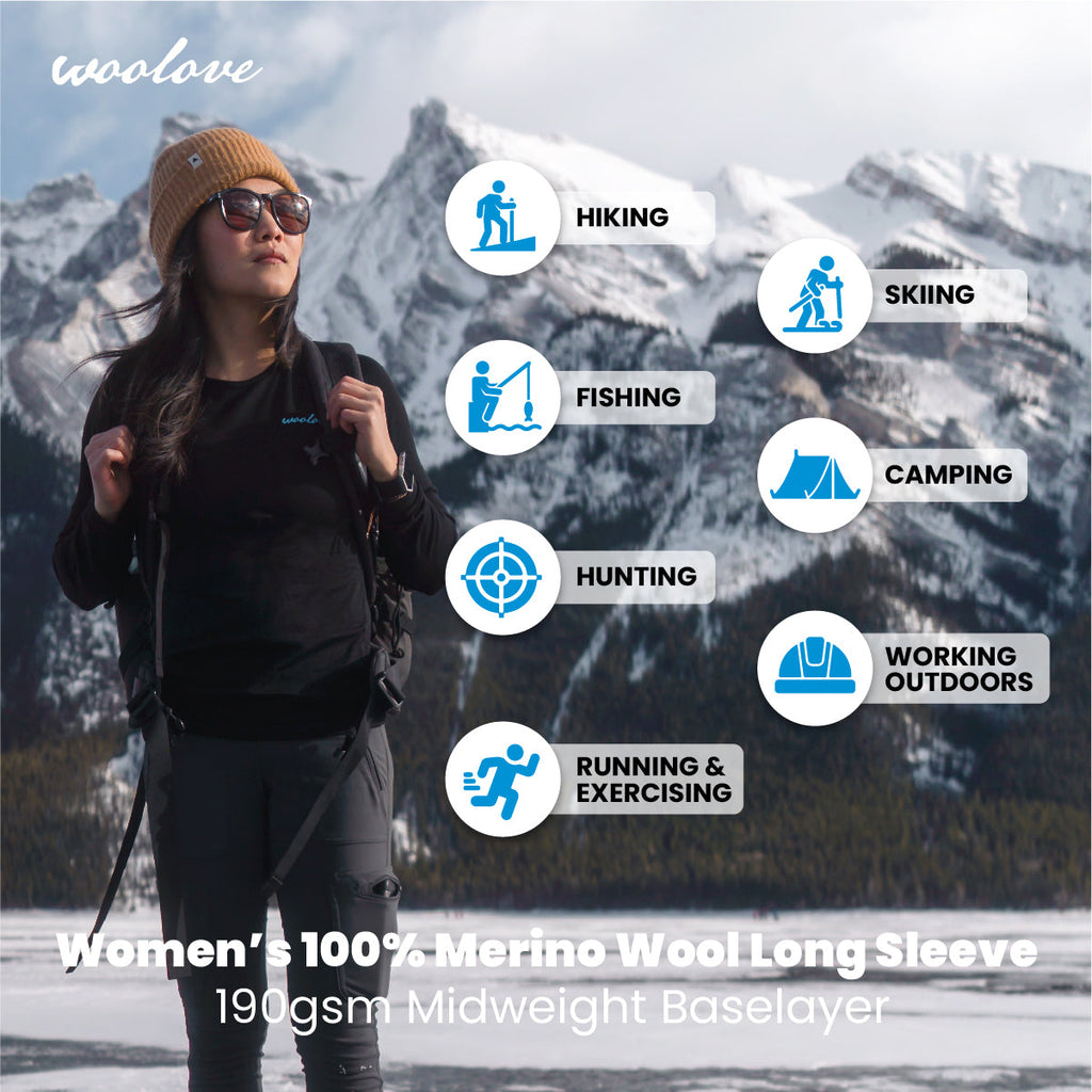 Women's 100% Merino Wool Base Layer Long Sleeve Crew Neck Shirt 190 GSM - NovaSmartLinks