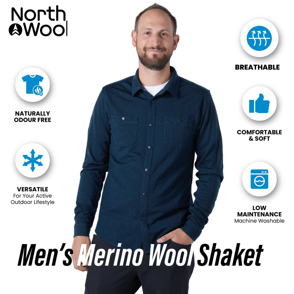 NorthWool Men's Merino Wool Shaket - Midweight Button Down Regular Fit (Navy) - NovaSmartLinks