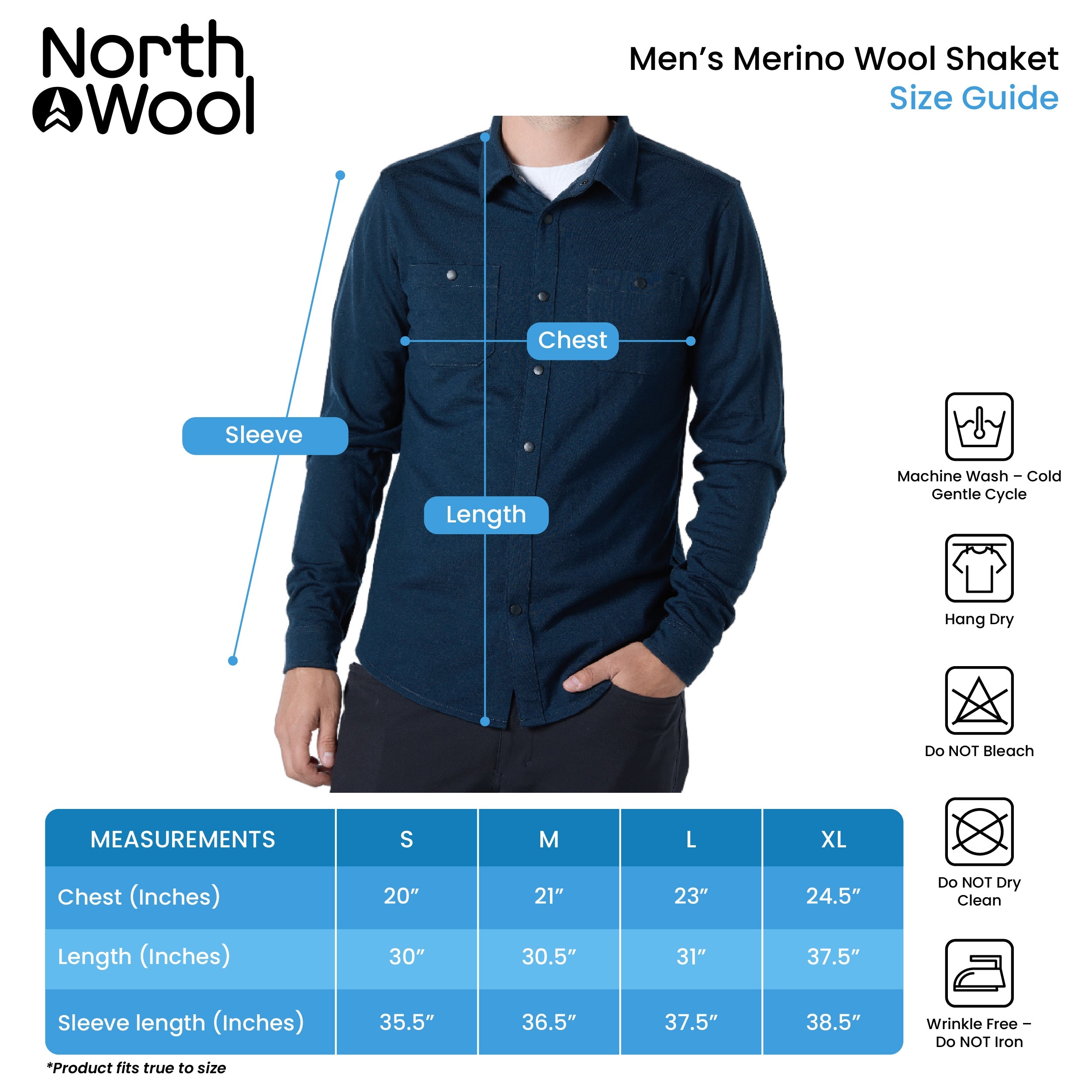 NorthWool Men's Merino Wool Shaket - Midweight Button Down Regular Fit (Navy) - NovaSmartLinks