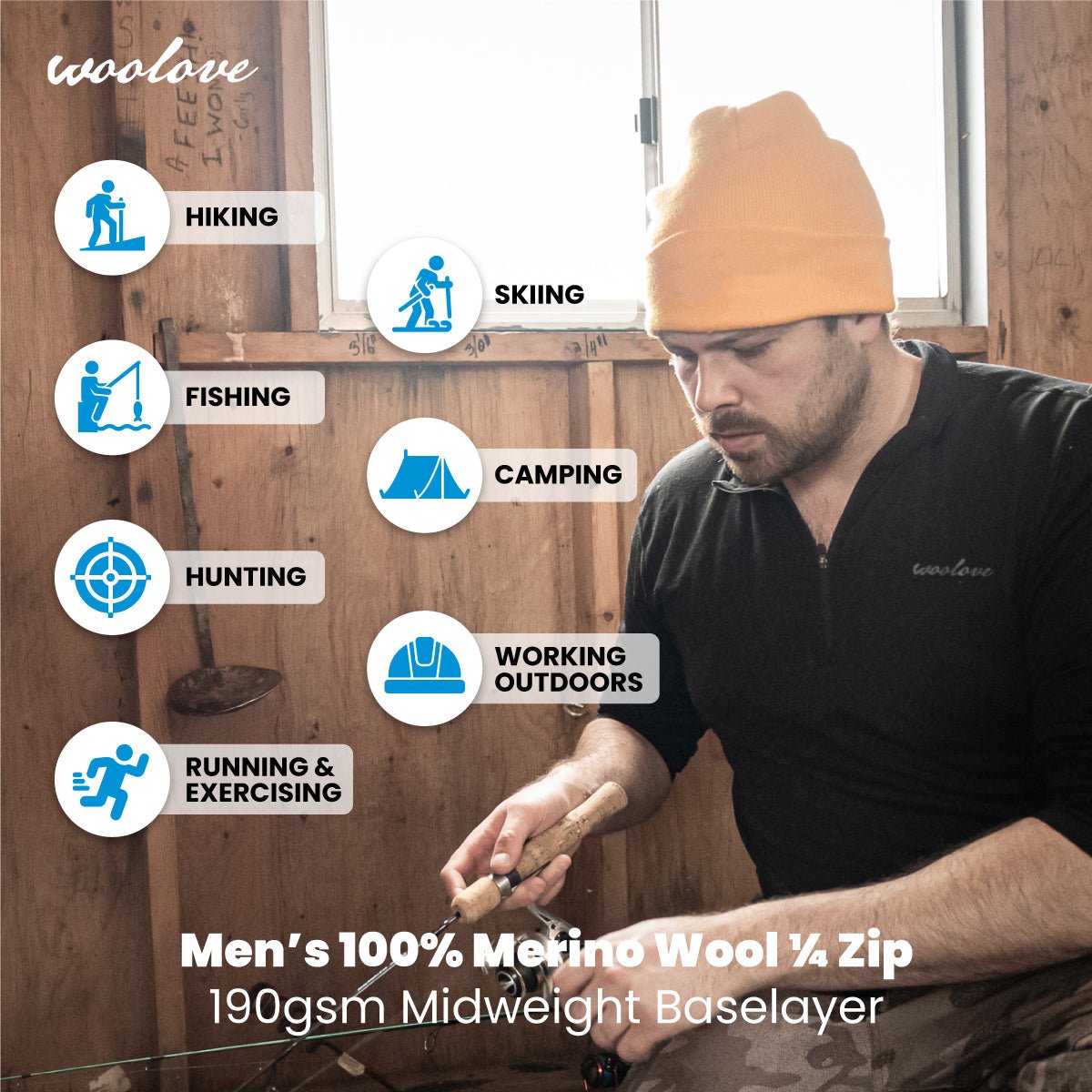 Men's 100% Merino Wool 1/4 Zip Baselayer Pullover 190 GSM - Midweight - NovaSmartLinks