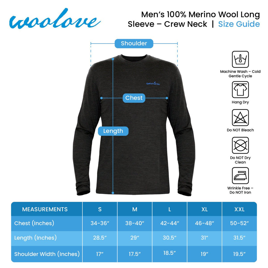 Men's 100% Merino Wool Long Sleeve Crew Neck Shirt 190 GSM - NovaSmartLinks