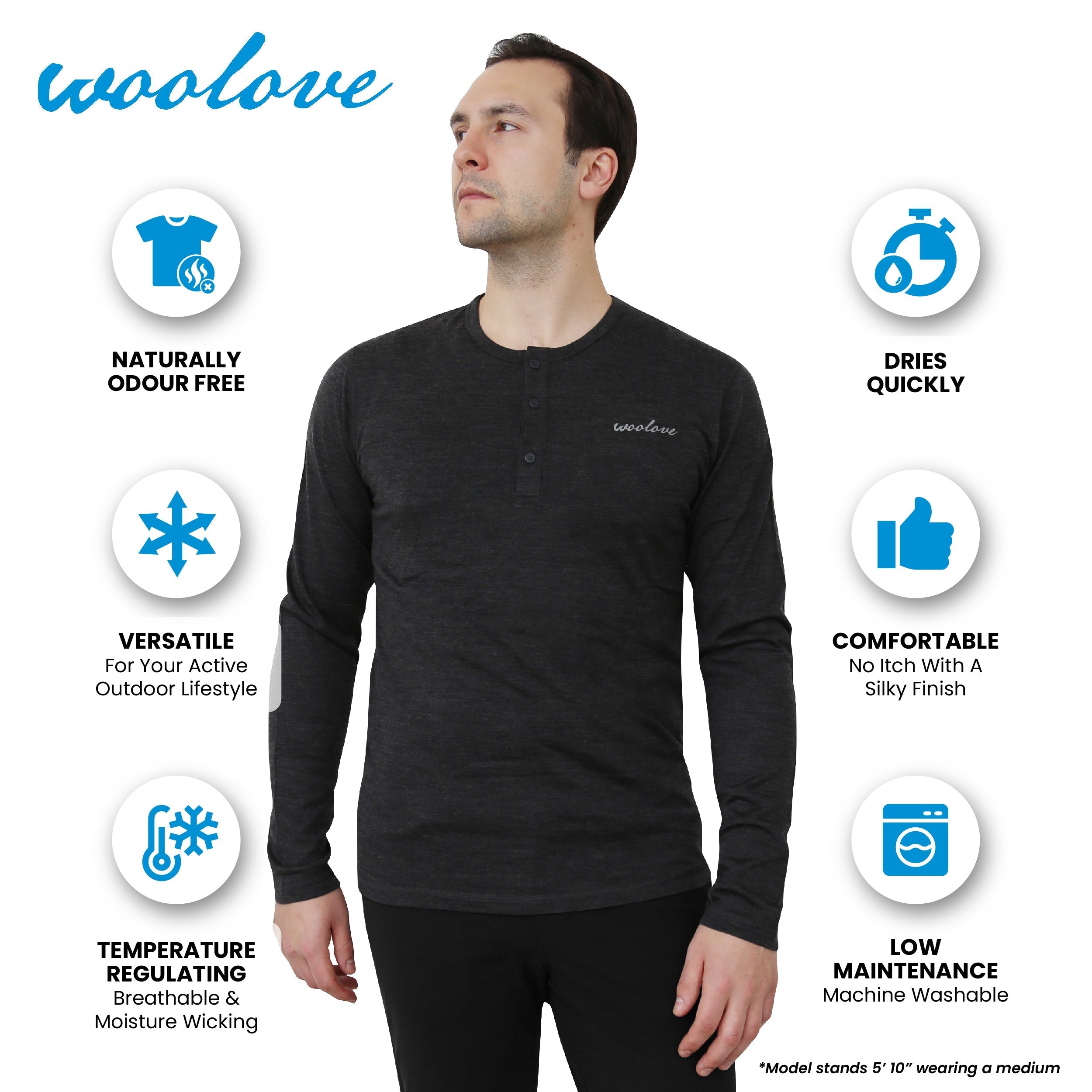 Men's 100% Merino Wool Long Sleeve Henley 190 GSM - NovaSmartLinks