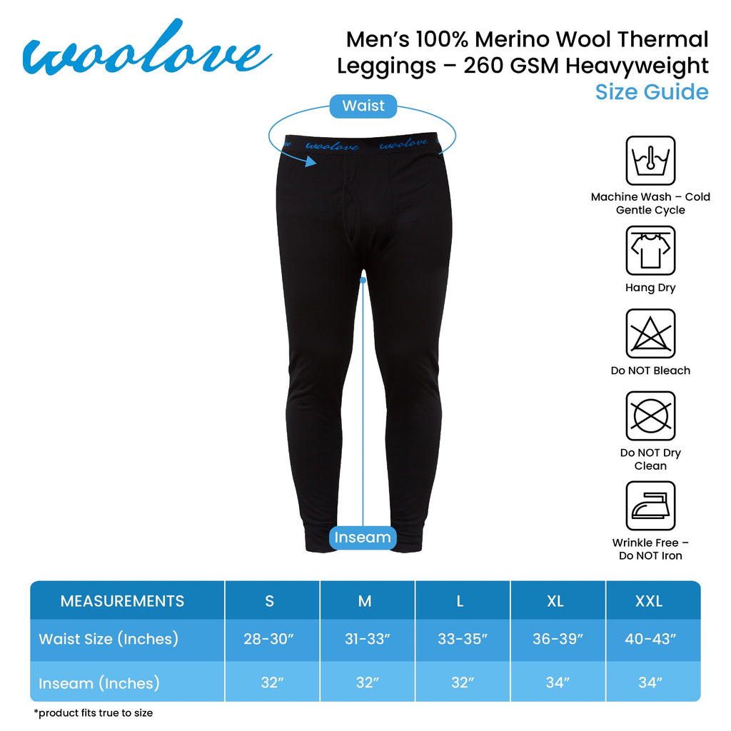 Men's 100% Merino Wool Long Underwear Base Layer Leggings 260 GSM - Heavyweight - NovaSmartLinks
