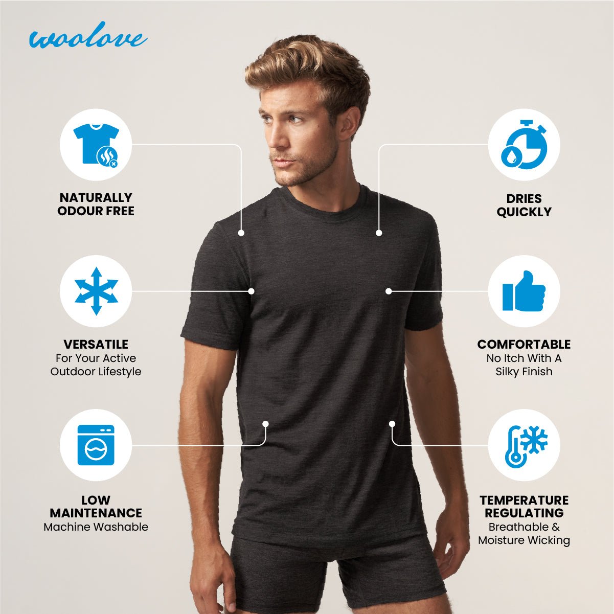 Men's 100% Merino Wool Short Sleeve T-Shirt 180 GSM - Lightweight - NovaSmartLinks