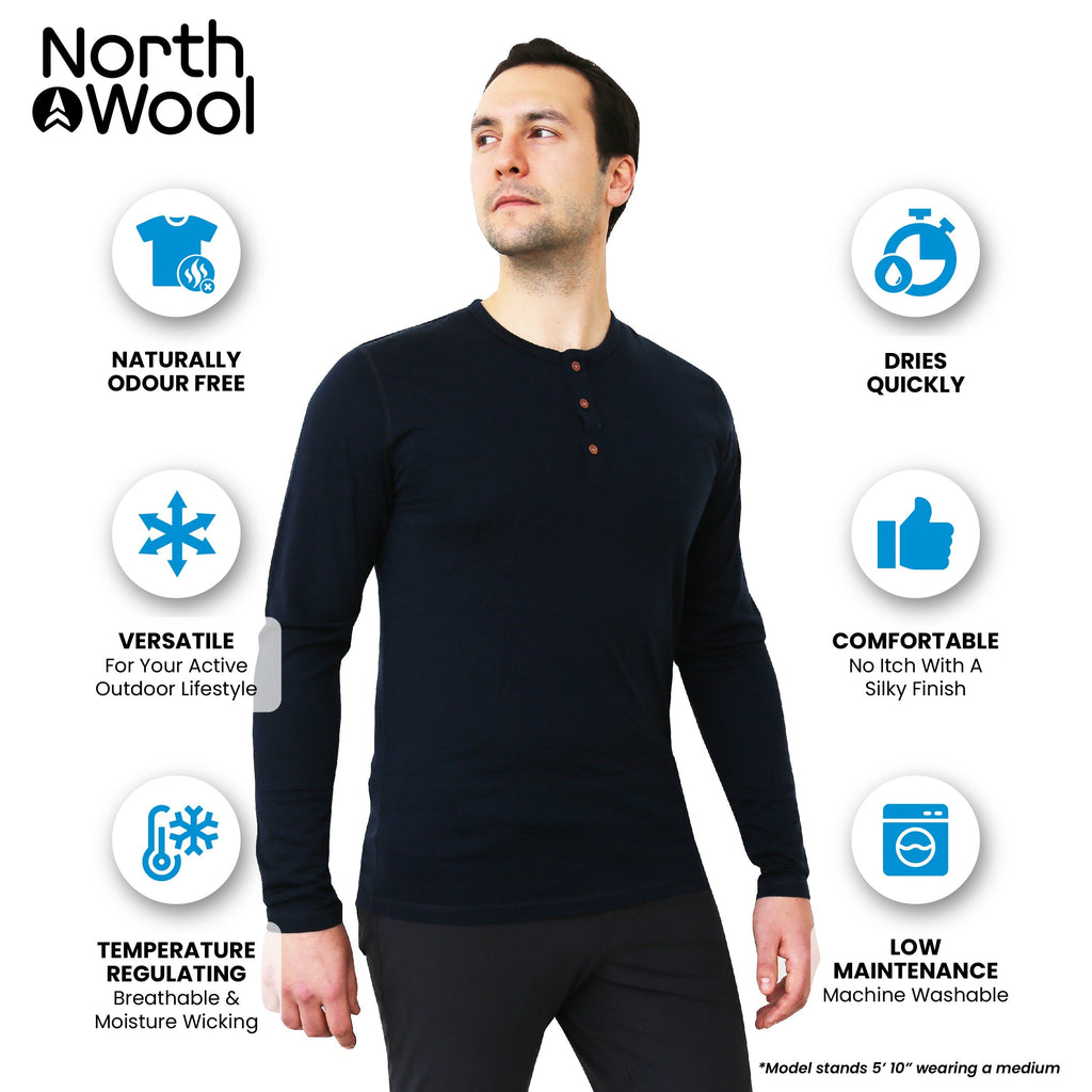 NorthWool Men's Merino Wool Long Sleeve Henley Base Layer Shirt 260 GSM - NovaSmartLinks