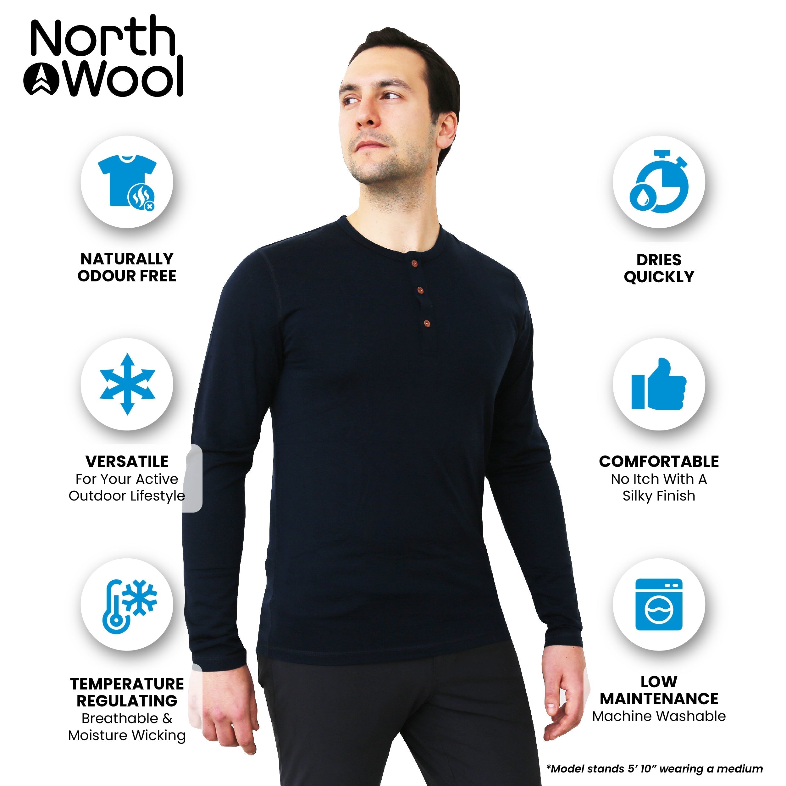 NorthWool Men's Merino Wool Long Sleeve Henley Base Layer Shirt 260 GSM - NovaSmartLinks