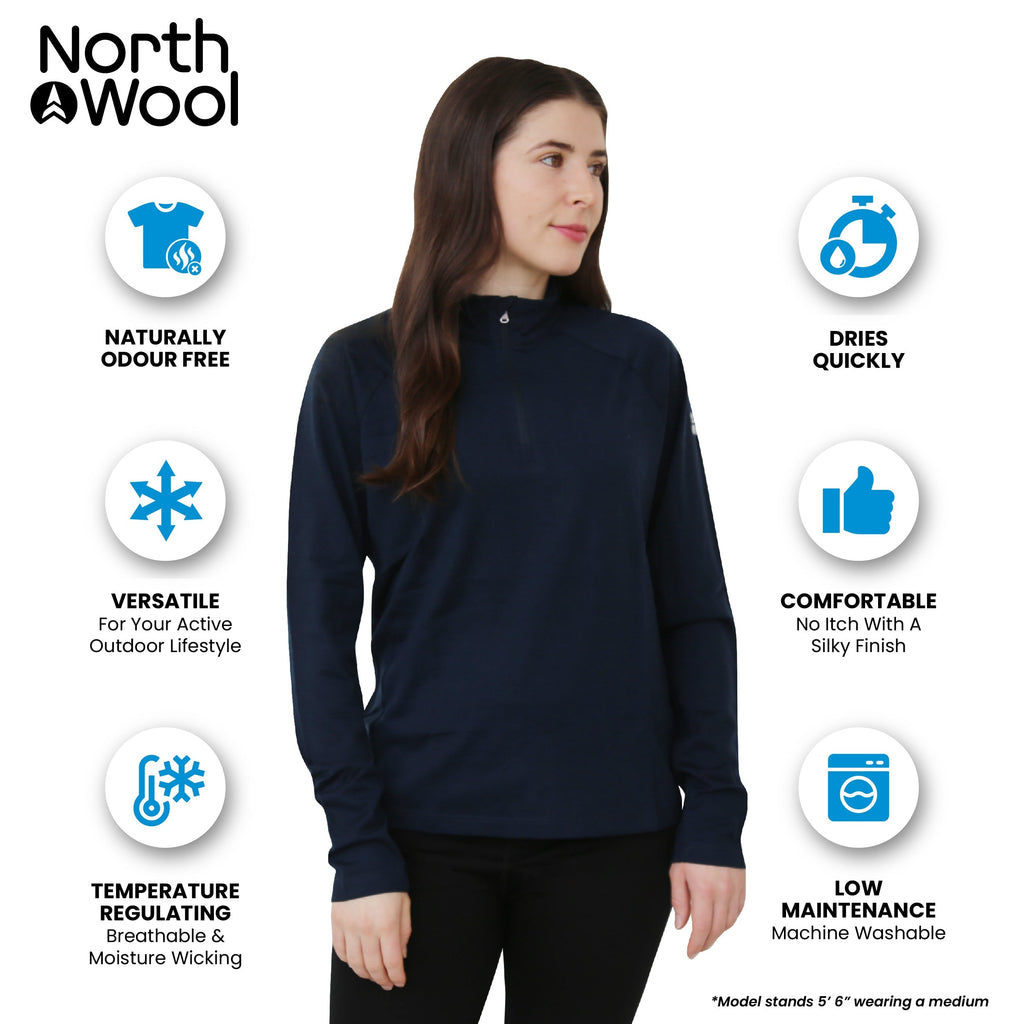 NorthWool Women's 100% Merino Wool 1/4 Zip Baselayer Pullover Sweater 260 GSM - NovaSmartLinks