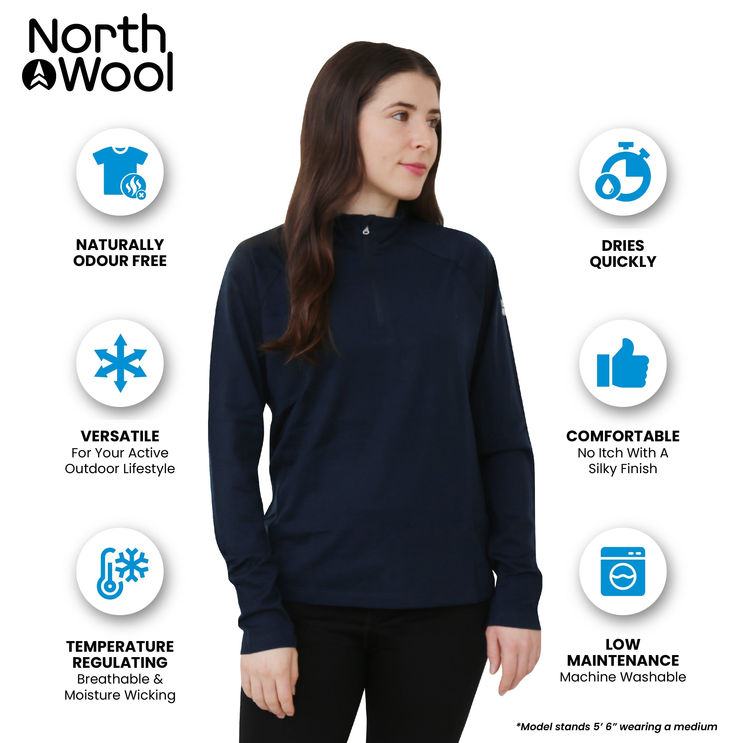 NorthWool Women's 100% Merino Wool 1/4 Zip Baselayer Pullover Sweater 260 GSM - NovaSmartLinks